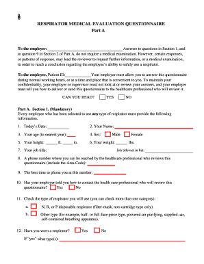 Fillable Online Respirator Medical Evaluation Questionnaire Part A