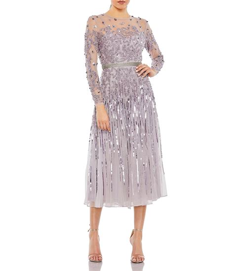 Mac Duggal Mesh Sequin Crew Neck Long Sleeve Belted Tea Dress Dillards