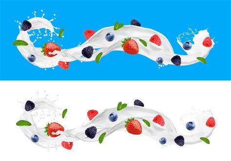 Premium Vector White Milk Yoghurt Drink Wave Flow Splash Berries