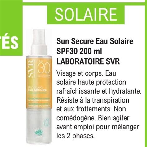 Promo Sun Secure Eau Solaire Spf Ml Laboratoire Svr Chez E