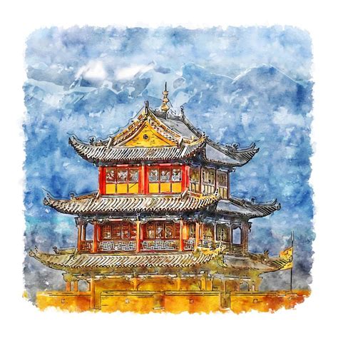 Jiayuguan Great Wall China Watercolor Sketch Hand Drawn Illustration