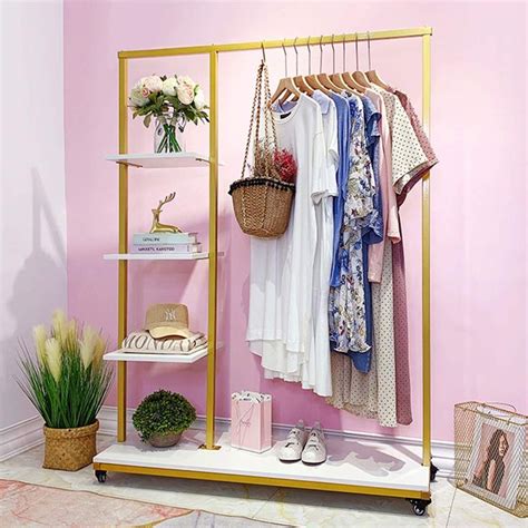 Fonechin Metal Clothes Garment Racks With Wood Storage Shelves And