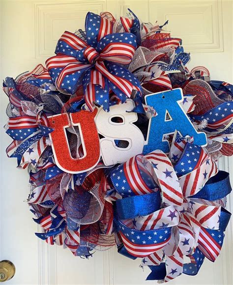 Patriotic Wreath For Front Door Usa Flag Day July Fourth Etsy In 2021