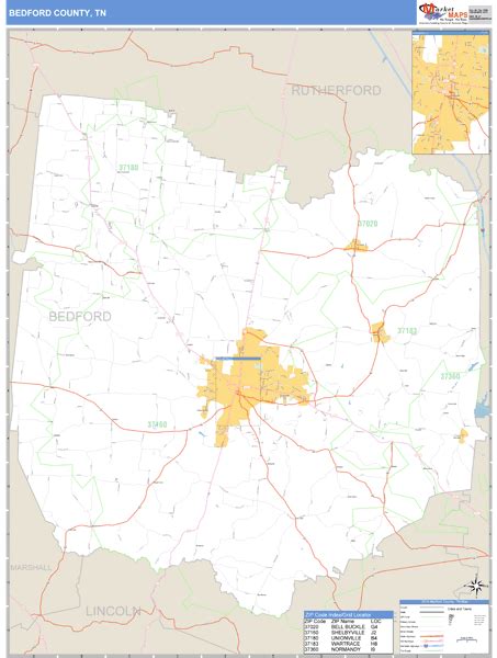 Bedford County, Tennessee Zip Code Wall Map | Maps.com.com