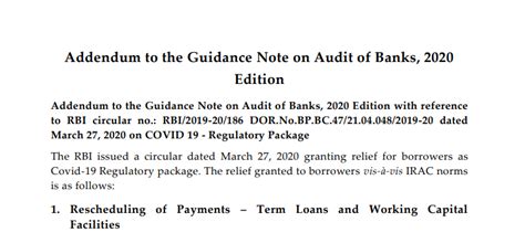 Addendum To The Guidance Note On Audit Of Banks 2020 Edition