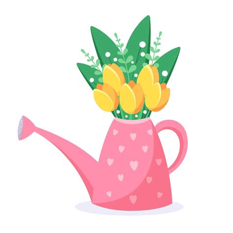 Watering Can With Spring Flowers Hello Spring Vector Illustration