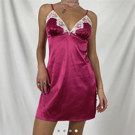 Hot Pink Lace Trim Noughties Silk Feel Baby Doll Depop