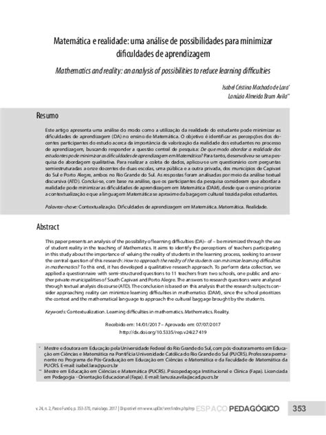 Pdf Matemática E Realidade Uma Análise De Possibilidades Para Minimizar Dificuldades De