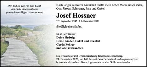 Traueranzeigen Von Josef Hossner Trauer Flz De