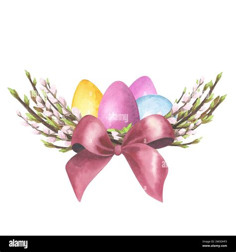 Willow Pussy Nest Watercolor With Spring Twigs Colored Eggs Red Bow Isolated On White