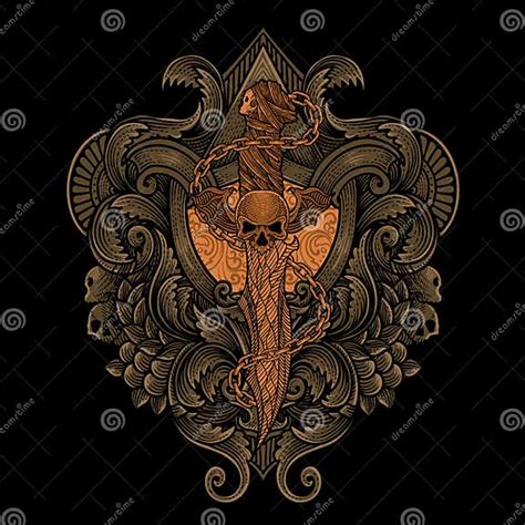 Illustration Demon Knife with Vintage Engraving Ornament Stock Vector ...