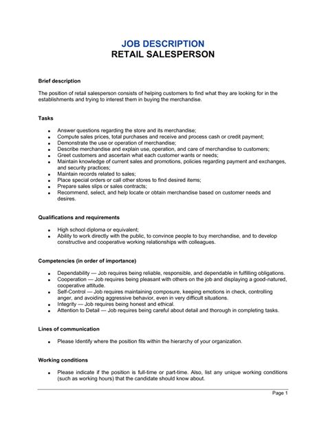 Retail Salesperson Job Description Template Download