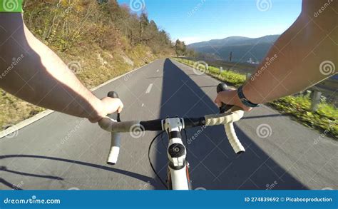 Road Cyclist POV Male Road Cyclist Riding His Bicycle Downhill On A