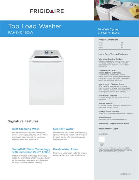 Frigidaire Affinity Washer Fahe4045qw User Manual 2 Pages