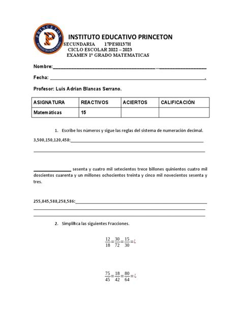 Examen Matematcas 1° Sep Oct Pdf Notación Matemática Matemática Elemental