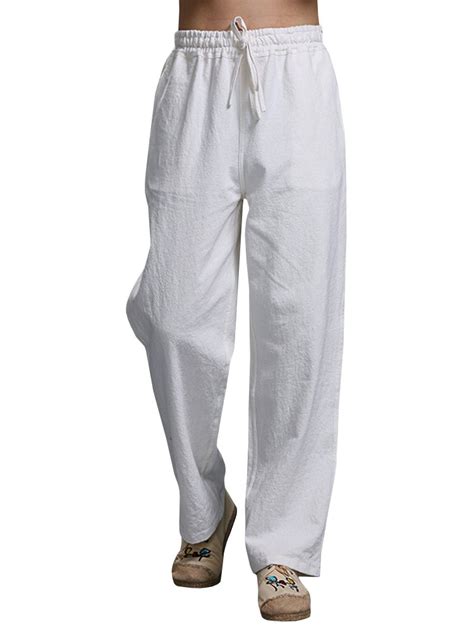 Mens Linen Pants Beach Casual Loose Fit Work Elastic Waist Drawstring Golf Cargo Trousers With