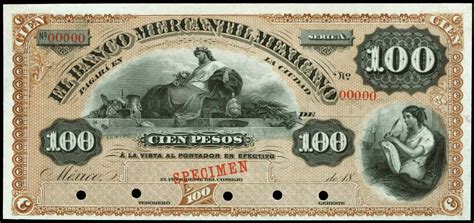 Mexico 100 Pesos Banknote 1882 Banco Mercantil Mexicano World Banknotes And Coins Pictures Old