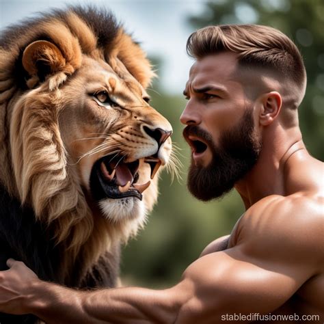 Muscular Bearded Man Battling A Lion Stable Diffusion Online