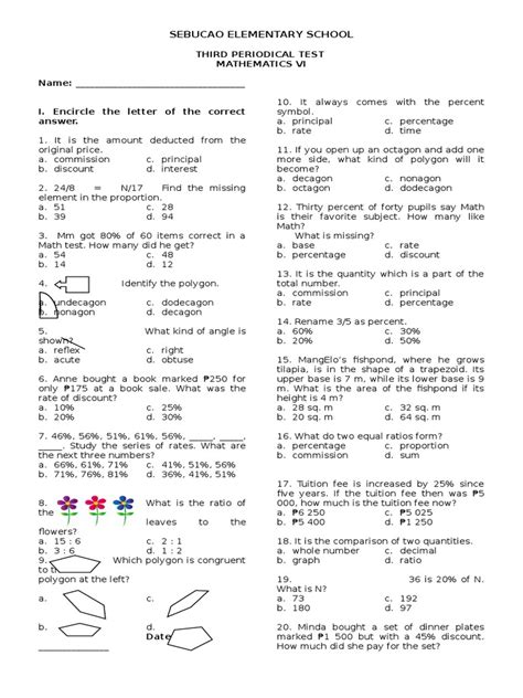 Third Periodical Test In Math 6 Percentage Ratio