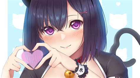 Anime Purple Eyes Cat Girl Tail Nekomimi Dark Hair Artwork Blushing Short Hair Kirou