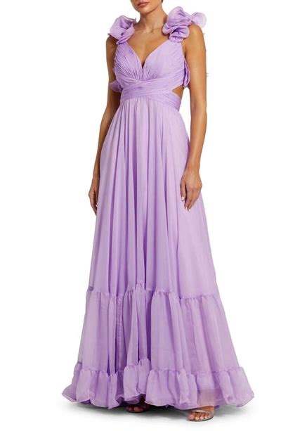 Mac Duggal Womens Ieena Ruffle Tiered Cut Out Chiffon Gown In Lilac