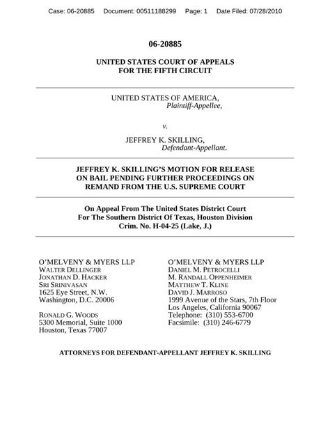 Pdf Jeff Skillings Motion To The Fifth Circuit Court Of Appeals For