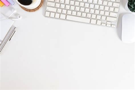 Premium Photo Top View White Office Desk With Wireless Keyboard