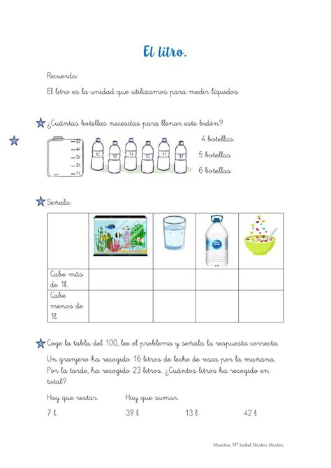 Ficha online de El litro para 1º Puedes hacer los ejercicios online o