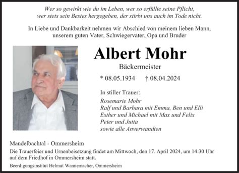 Traueranzeigen Von Albert Mohr Saarbruecker Zeitung Trauer De