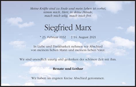 Traueranzeigen Von Siegfried Marx Trauer Anzeigen De