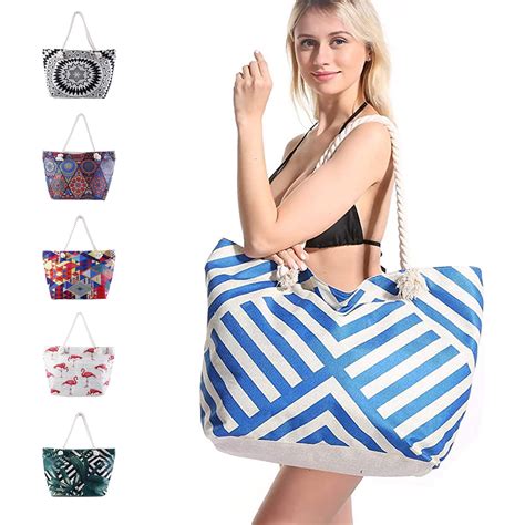 Large Beach Bags Totes For Women Vacation Waterproof Sandproof Packable Girls Canvas Beach Tote