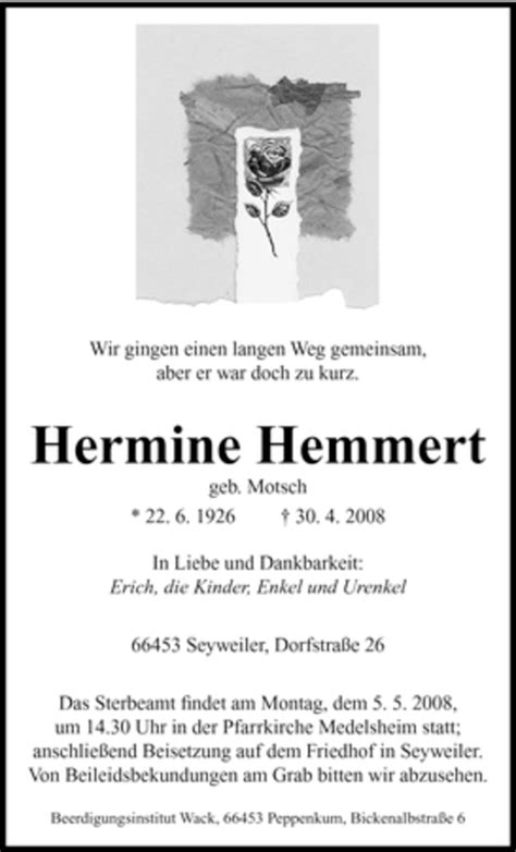 Traueranzeigen Von Hermine Hemmert Saarbruecker Zeitung Trauer De