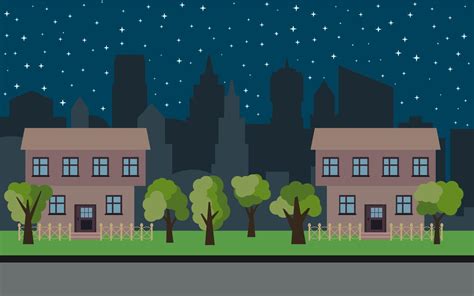 Vector City With Two Two Story Cartoon Houses And Green Trees At Night