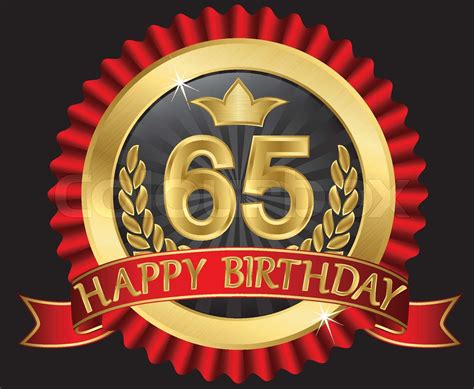 65 Years Happy Birthday Golden Label With Ribbons Vector Illustration