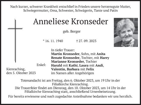 Traueranzeigen Von Anneliese Kronseder Trauer Merkur De