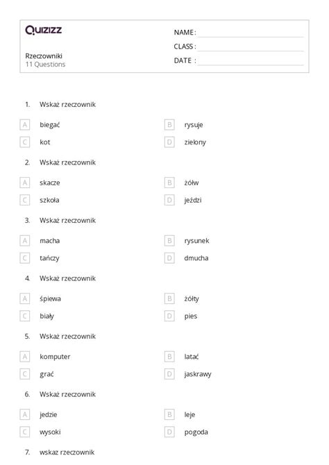 Ponad Rzeczowniki Arkuszy Roboczych Dla Klasa W Quizizz Darmowe