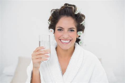 Smiling Natural Brunette Holding Glass Of Water Stock Photo Image Of Abode View
