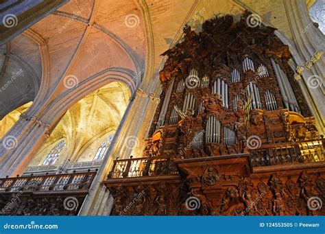 Dettaglio Ed Organo Interni Del Soffitto Della Cattedrale Di Siviglia