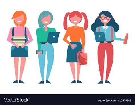 Female Students With Books And Modern Laptops Vector Image