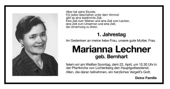 Traueranzeigen Von Marianna Lechner Trauer Bz