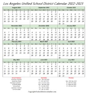 Los Angeles Unified School District Calendar 2022-2023 School District ...