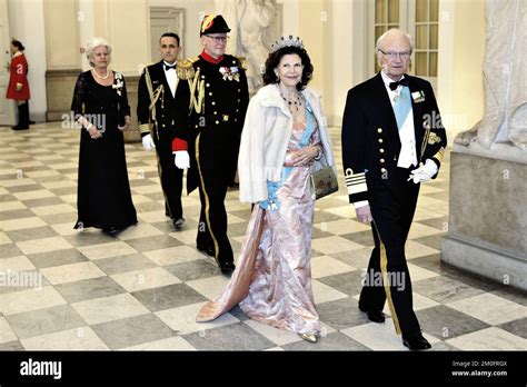 Queen Silvia And King Carl Xvi Gustaf Of Sweden Arrive At A Gala Dinner