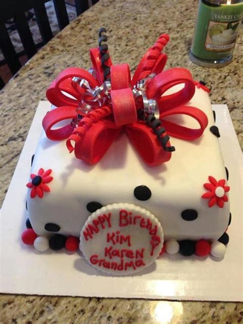 Red White And Black Fondant Square Birthday Cake Big Fondant Bow Dots And Flowers - CakeCentral.com