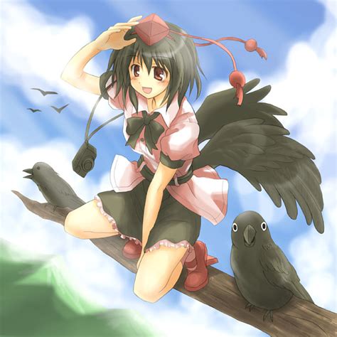 Safebooru Bird Black Hair Camera Crow Geta Hat Hinoryu Red Eyes