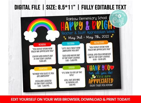 EDITABLE Teacher And Staff Appreciation Week Flyer Itinerary Week Self