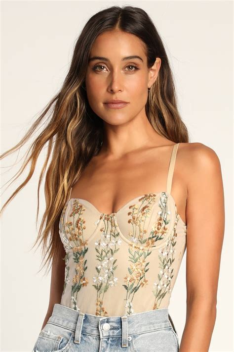 Beige Embroidered Bodysuit Bustier Bodysuit Floral Bodysuit Lulus