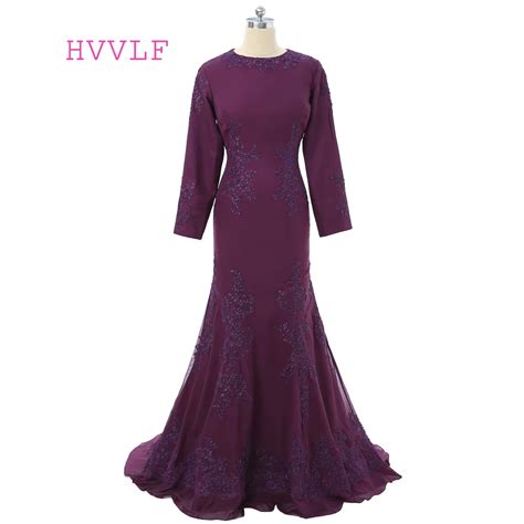 Purple 2018 Muslim Evening Dresses Mermaid Long Sleeves Chiffon Lace