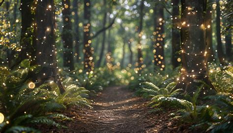 Magical Forest Path with Fairy Lights Photography Poster - Playground