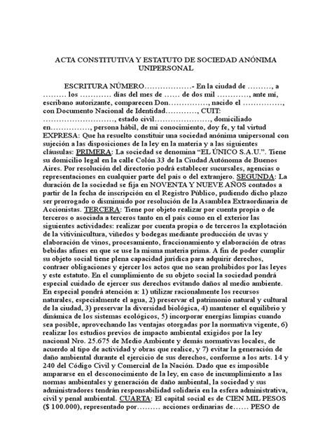 Acta Constitutiva Y Estatuto De Sociedad Anonima Unipersonal Pdf