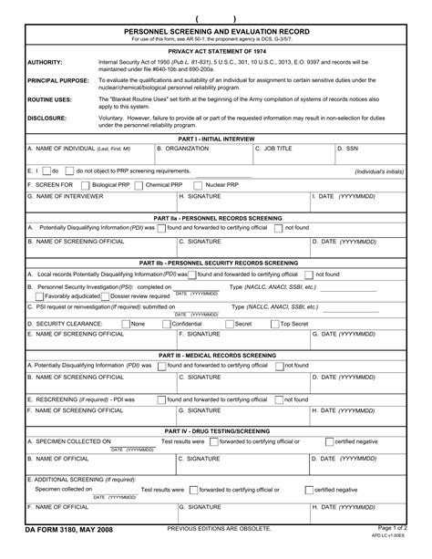 Da Form 3180 Personnel Screening And Evaluation Record Forms Docs